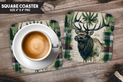 Cute Deer, Animal coaster, Buffalo Plaid Square Coaster PNG Product Image 1