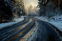 Curvy road with tire tracks through a snowy forest during a Product Image 1
