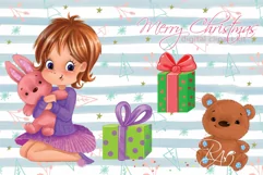 Cute girl with gifts and teddy bear Christmas clipart kit Product Image 2