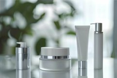 Set of cosmetic bottles with cream or lotion on glass table Product Image 1