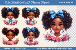 Cute Black Girl with Flower Clipart PNG Product Image 1