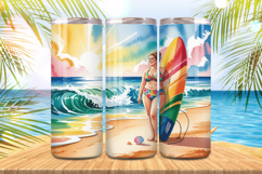 Cute girl with surfboard in beach Tumbler Wrap PNG Sublimati Product Image 1