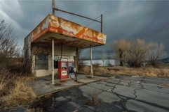 Abandoned gas station in deserted landscape Product Image 1