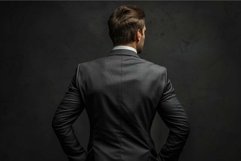 Businessman standing backwards looking at dark wall backgrou Product Image 1