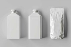 Two white bottles and one blank foil bag standing up on gray Product Image 1
