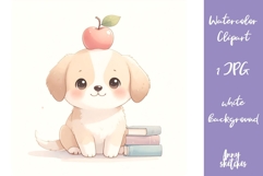 Kawaii Dog with Apple and Books Back to School Clipart JPG Product Image 1