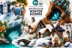 Watercolor Winter Landscapes and Snowy Cabin Illustrations Product Image 1