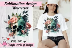 Watercolor skulls with flowers Png Product Image 1