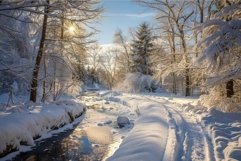 Sun shining through trees on snowy path along frozen creek i Product Image 1