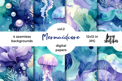 Mermaidcore Digital Paper Watercolor Seamless Patterns Product Image 1