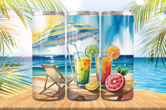Beach with chair, umbrella &amp; juice glasses Tumbler Wrap PNG Product Image 1
