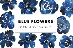 Watercolor Dark Blue Flowers Illustration in PNG & Vector Product Image 1