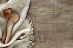 Flatlay photo, wood kitchen table with copy space Product Image 1