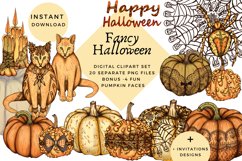 Fancy halloween clipart, halloween party png set, pumpkins Product Image 1