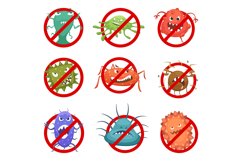 Red round signs with different bacteria and germs. Vector ca Product Image 1