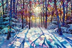 Stained Glass Forest with Snow Background Wallpaper Product Image 1