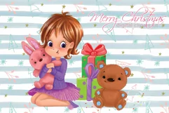 Cute girl with gifts and teddy bear Christmas clipart kit Product Image 1