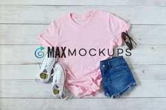 Pink t-shirt Mockup, shorts, sunglasses, summer, flatlay Product Image 1