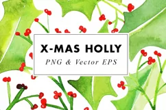 Watercolor Christmas Holly Leaves Clip Art | PNG EPS Vector Product Image 1