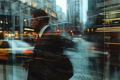 Businessman walking in city with traffic light trails reflec Product Image 1