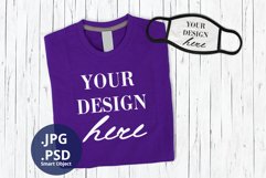 Purple T-shirt & Face Mask Mockup, Tshirt PSD mockup Product Image 1