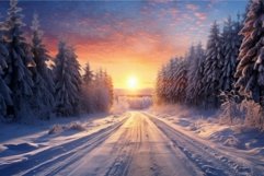Majestic winter sunrise on snow-covered forest road Product Image 1