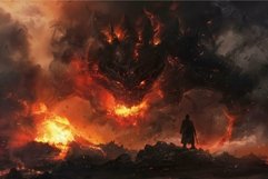Fiery dragon encounter in apocalyptic landscape Product Image 1