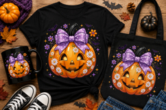 Cute Halloween Pumpkin with Purple Bow PNG Clipart Design Product Image 1