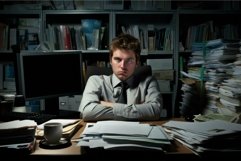 Overworked young man at a messy office desk with a computer Product Image 1