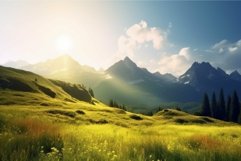 Breathtaking view of sunlit mountains with a vibrant meadow Product Image 1