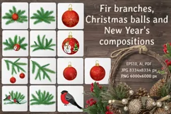 Fir branches, Christmas balls and New Year's compositions Product Image 1