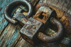 Old rusty padlock is securing a weathered wooden door Product Image 1