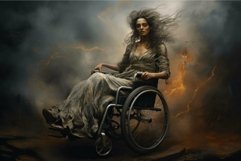 Mystic woman in wheelchair amidst stormy apocalypse Product Image 1