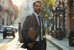 Businessman walking down city street with leather bag Product Image 1