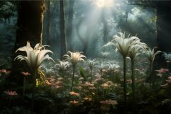 Sunbeams filter through mist in a serene forest blooming wit Product Image 1