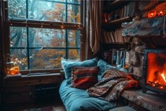 Cozy winter reading nook by the fireplace Product Image 1