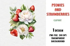Watercolor Peonies and Strawberries, PNG Product Image 1