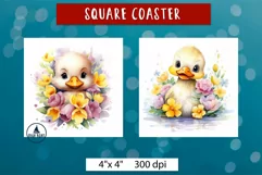 Cute Duck png | Watercolor animal flowers coaster Product Image 3