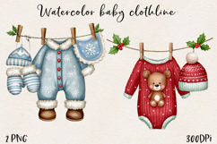 Watercolor Christmas Baby Clothesline Clipart PNG Product Image 1