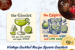 Vintage Cocktail Recipe square coasters. Sublimation PNG. Product Image 1