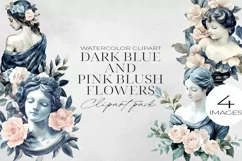 Dark Blue & Blush Pink Flowers Clipart PNG. Product Image 1