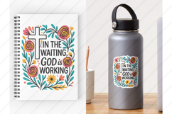 Colorful Boho floral Christian sublimation design featuring a bold white cross, hand-drawn wildflowers, and uplifting Bible verse &quot;In the Waiting, God is Working.&quot; Perfect for faith-based t-shirt printing, mugs, and wall art. This high-resolution PNG is i