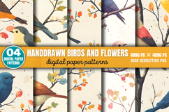 Handdrawn Birds And Flowers Patterns Digital Paper PNG Product Image 1