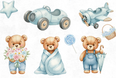 Watercolor Teddy Bear Clipart PNG | Cute Baby Boy Nursery Product Image 4