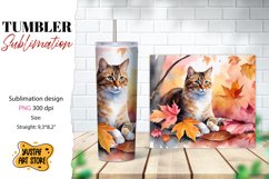 Fall tumbler wrap. Fall cat sublimation design. Cat tumbler Product Image 1