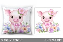 Cute Pig Pillow Sublimation. Pig Flowers Pillow Design Product Image 1