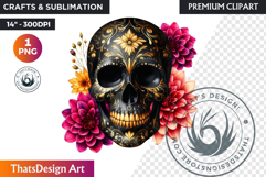 Floral Black Gold Sugar Skull dia de muertos Clipart PNG Product Image 1