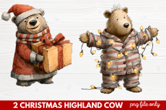 2 Christmas Highland Cow Clipart | Rustic Festive Cow PNG Product Image 1