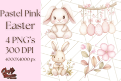 Pastel Pink Easter Bunny Egg and Flowers Clipart PNG Product Image 1