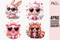 Cute Valentine Animals with Pink Heart Drinks PNG Product Image 1